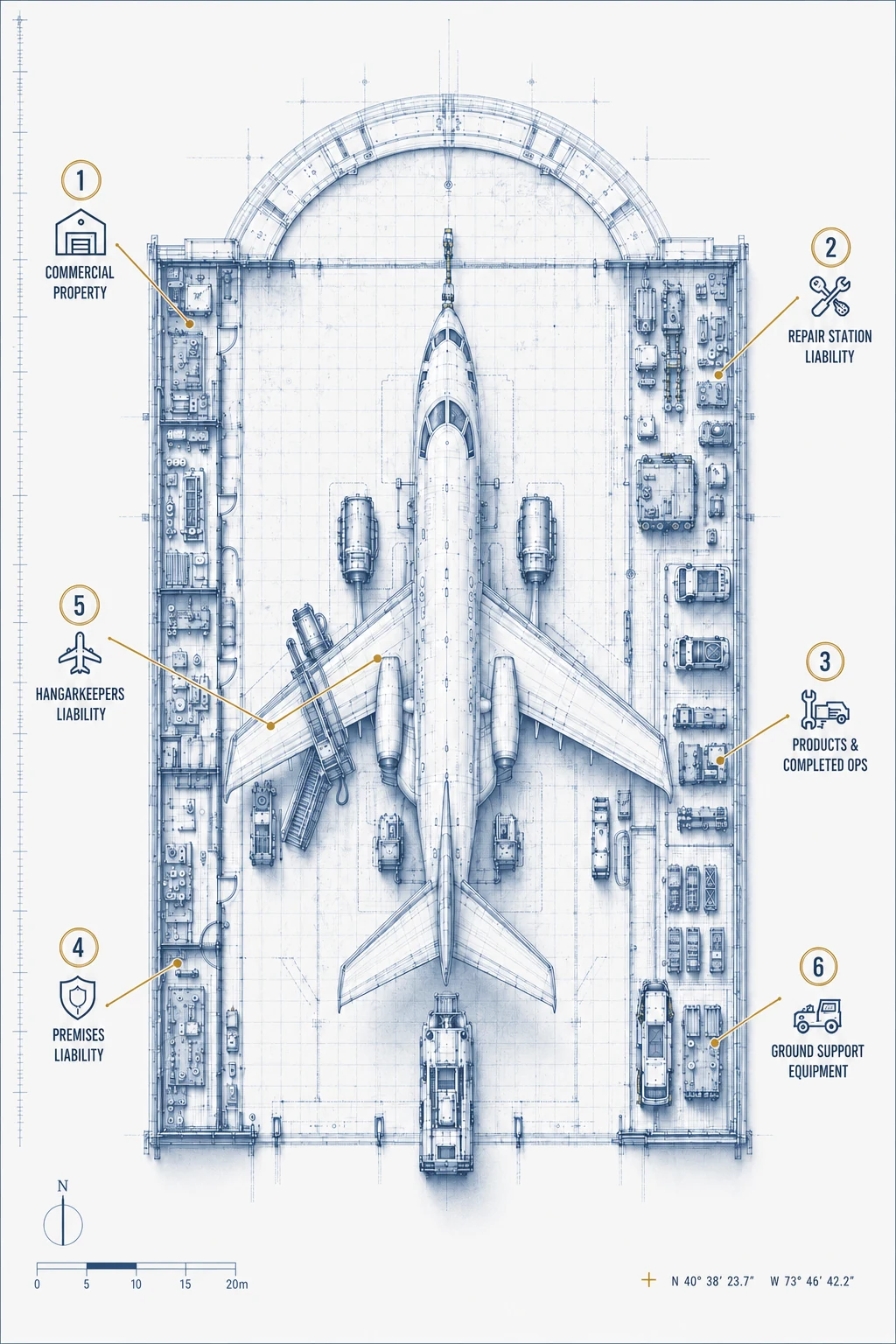 Aircraft hangar blueprint representing aviation premises, hangarkeepers, and ground operations exposure.