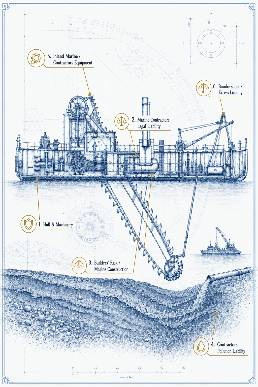 Dredging vessel blueprint representing marine contractor and over-water work exposure.