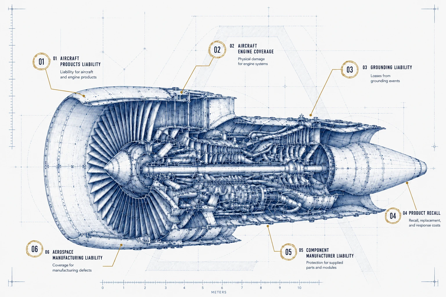 Jet engine blueprint representing aerospace component and products liability exposure.