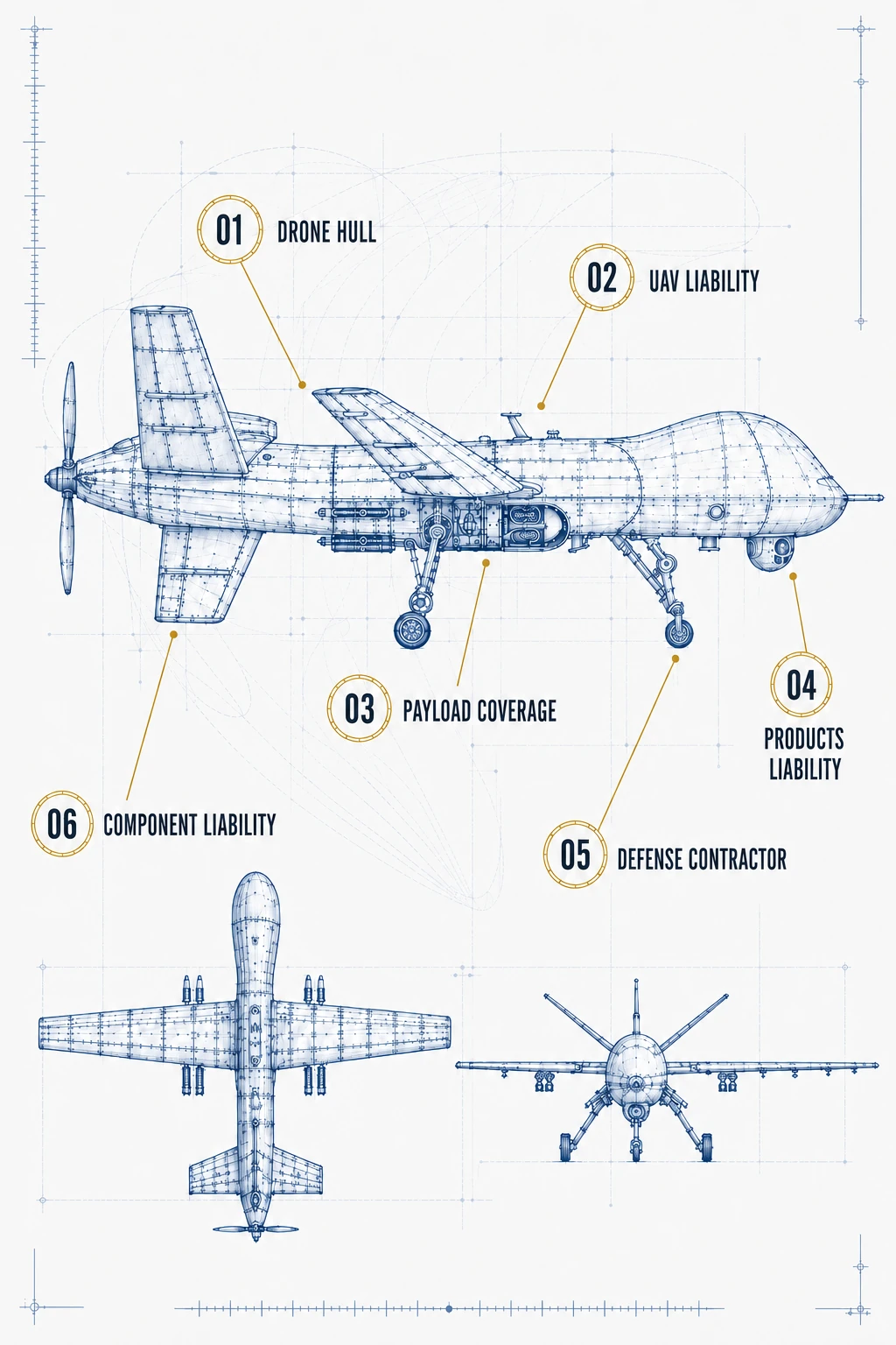 Military UAV blueprint representing high-consequence and defense exposure.
