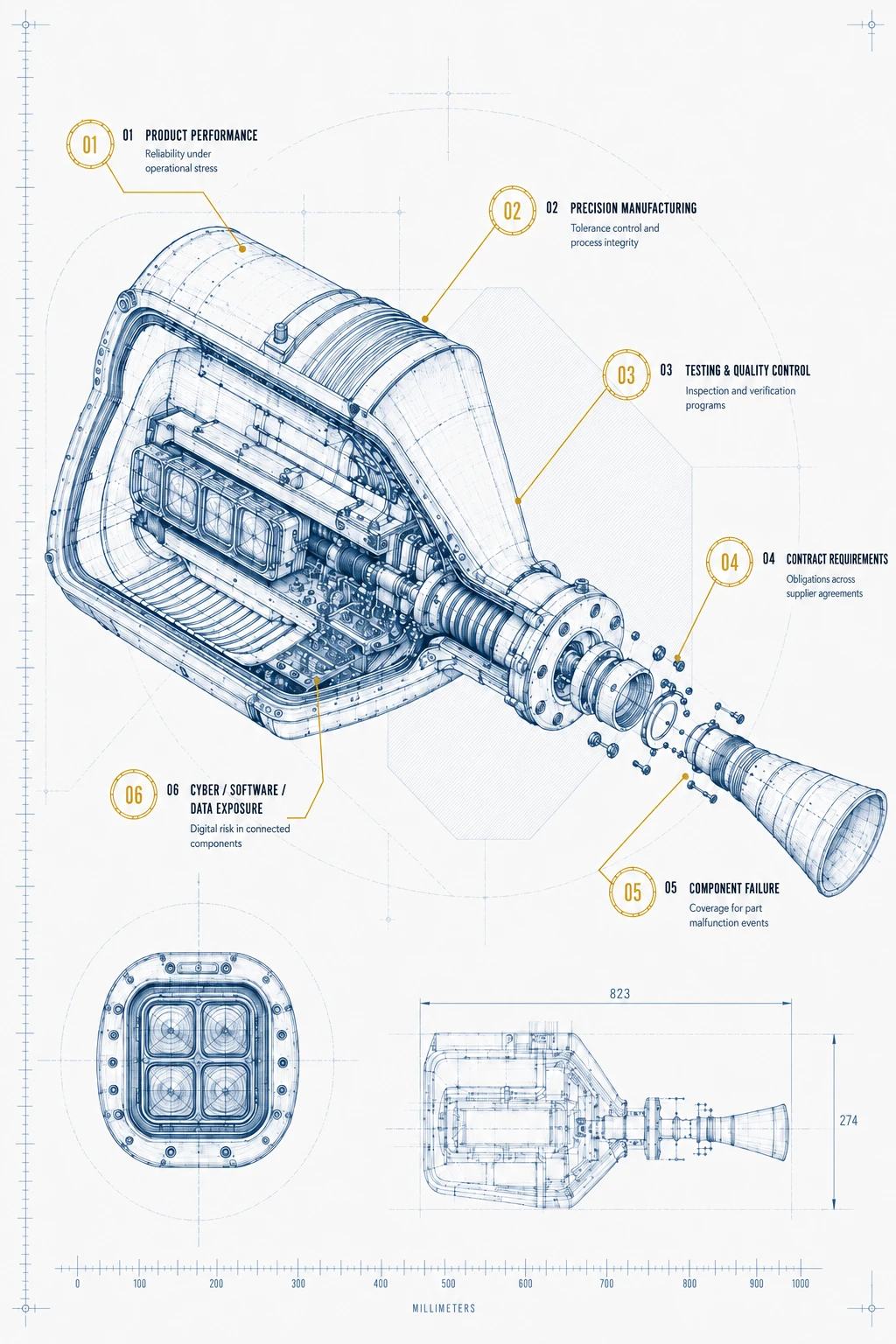 Spacecraft component blueprint representing specialty manufacturing and product performance risk.